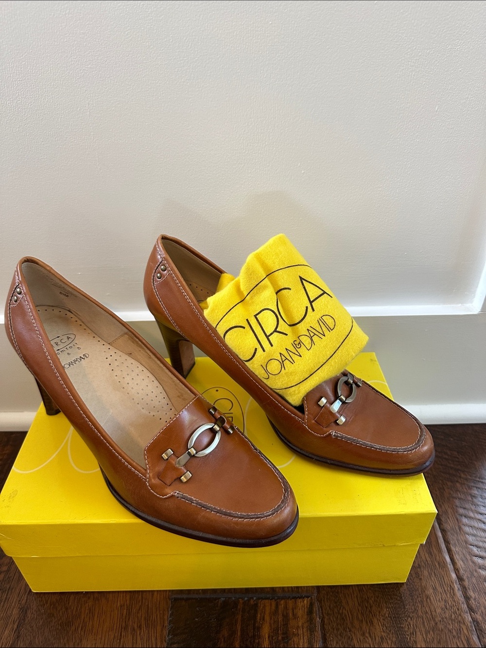 Joan & David Brown Leather Heeled Loafers with Metal Bit
